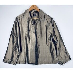 Oyako Silk Jacket Womens Medium Taupe Metallic Open Front Shantung Minimalist